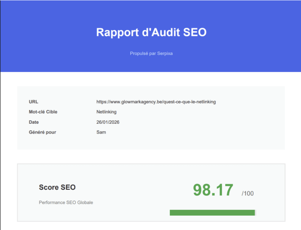 Serpixa SEO-auditrapport met score en belangrijkste problemen