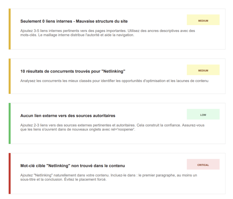 Serpixa recommendations list with priorities and actions